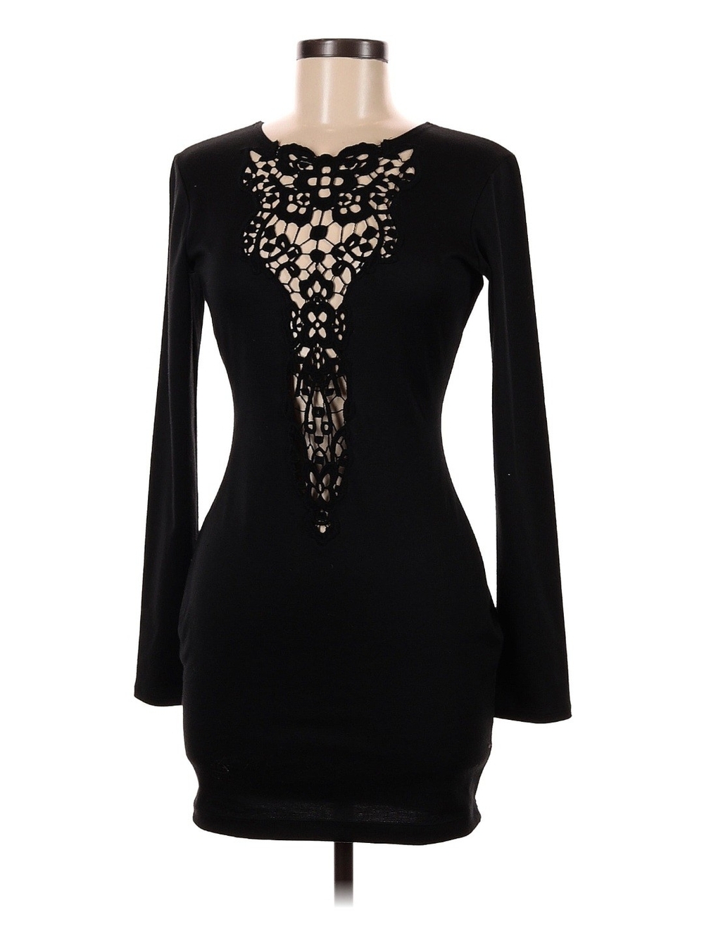 Black Long-Sleeve Cutout Bodycon Dress with Lace-Inspired Detail